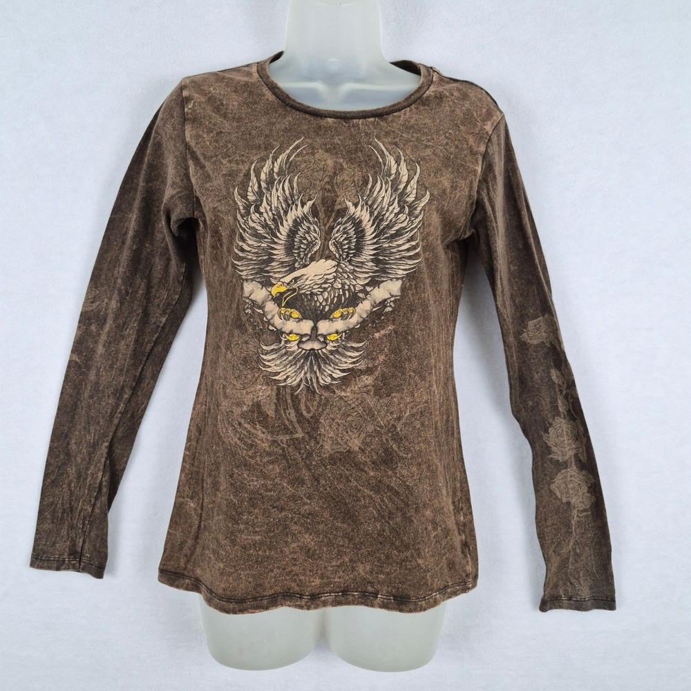 Y2k Brown Acid Wash Eagle Long Sleeve Tee Sz Large Vintage Grunge Streetwear